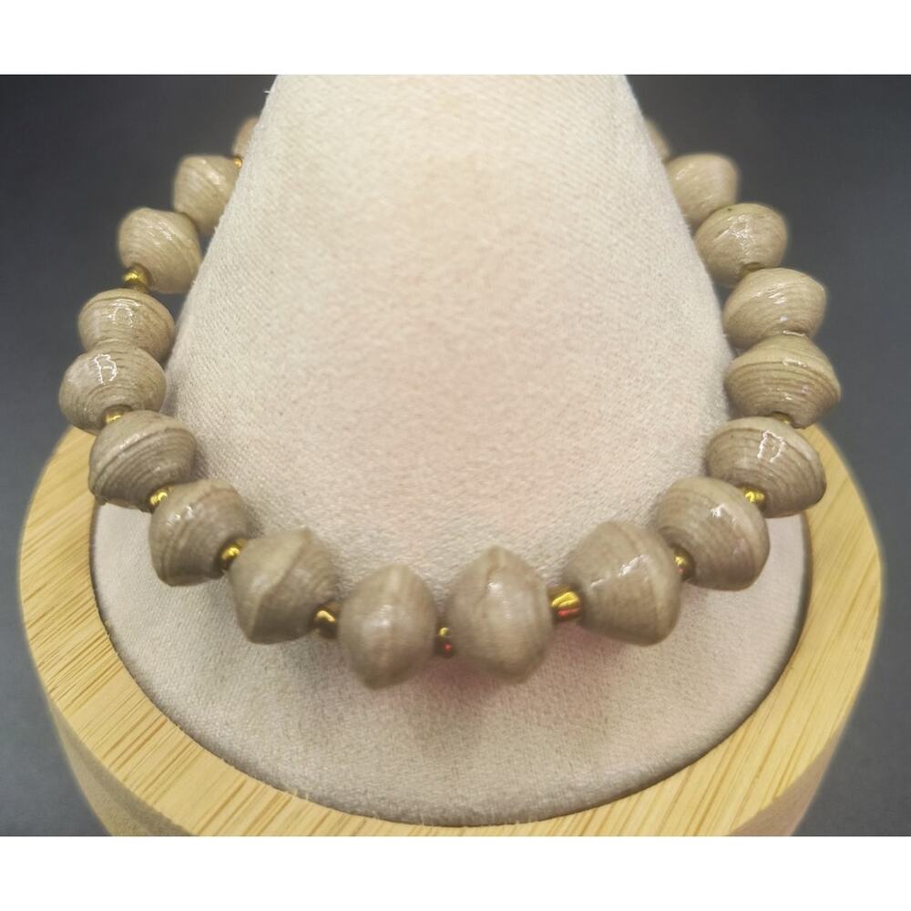 Handmade Neutral Paper Bead Bracelet, Eco-Friendly Jewelry w/ Gold Accents -NWOT